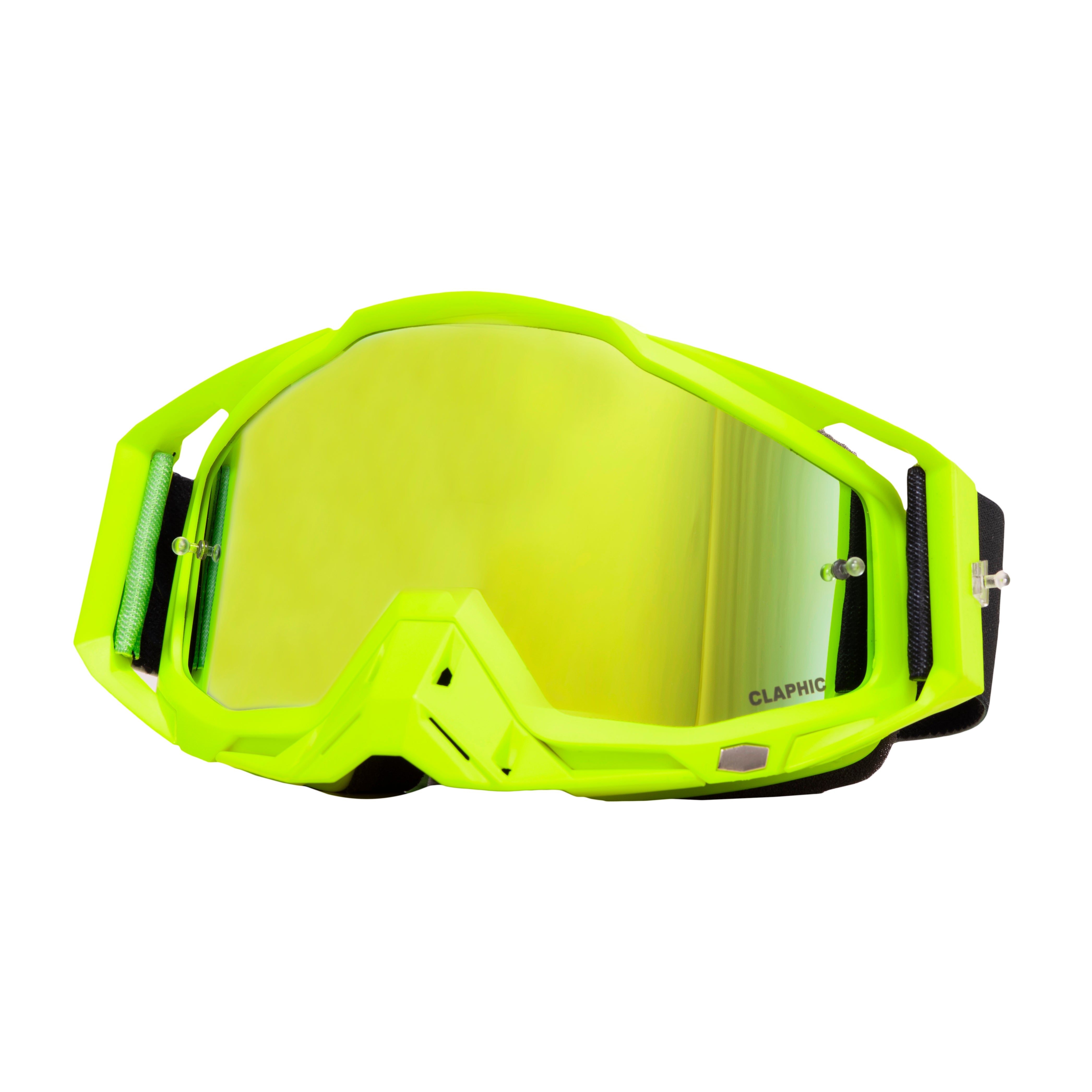 anti fog motocross goggles CLAPHIC Neon Fang Motocross Goggle | Gold Green Mirror Lens