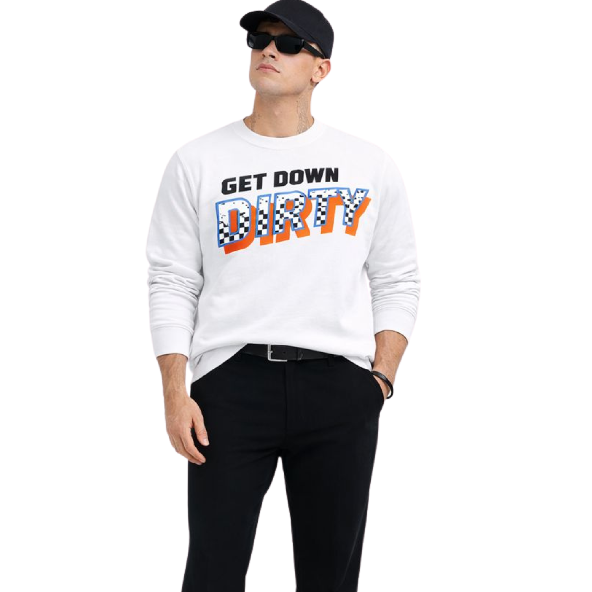 Men’s Recycled Crew Neck Sweatshirt – Get Down Dirty Puff Print | Black, White & Green