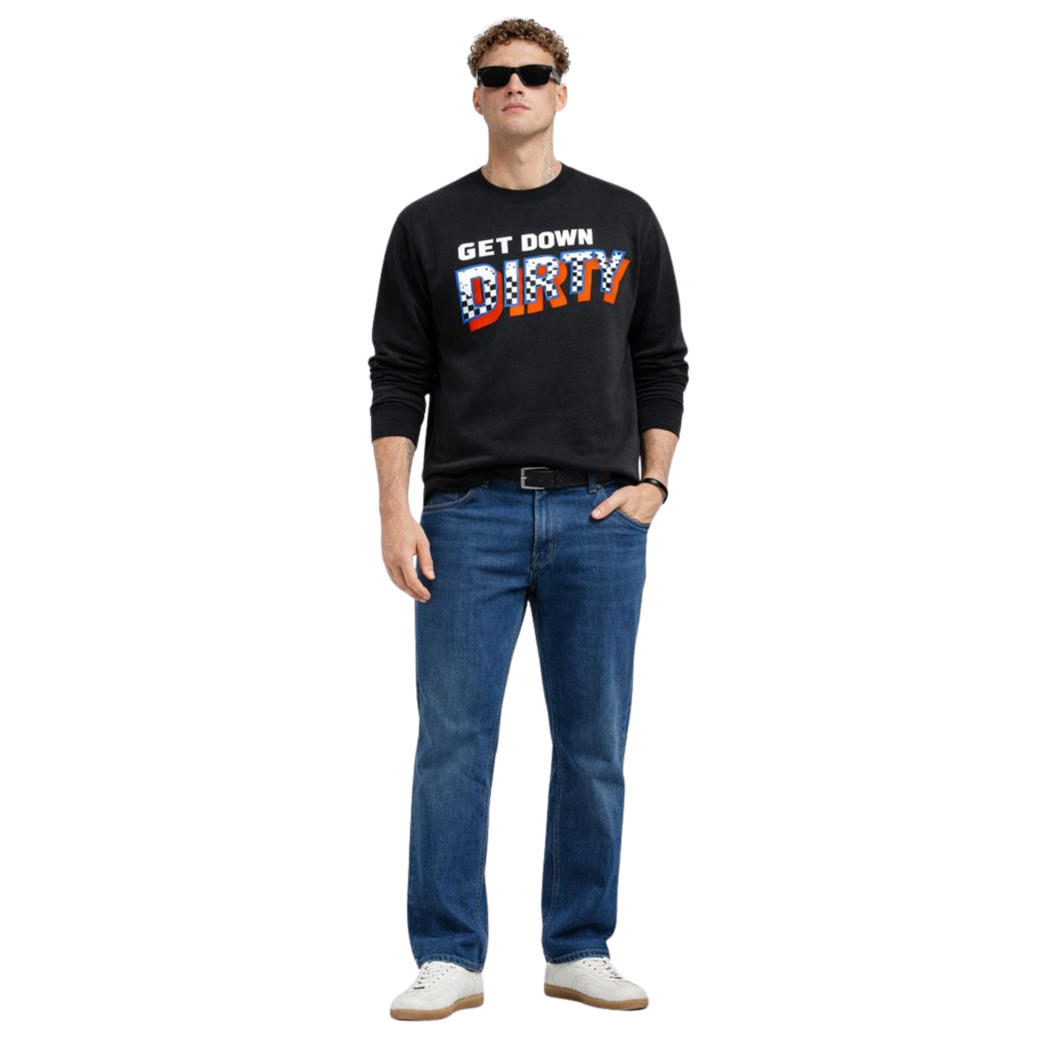 Men’s Recycled Crew Neck Sweatshirt – Get Down Dirty Puff Print | Black, White & Green