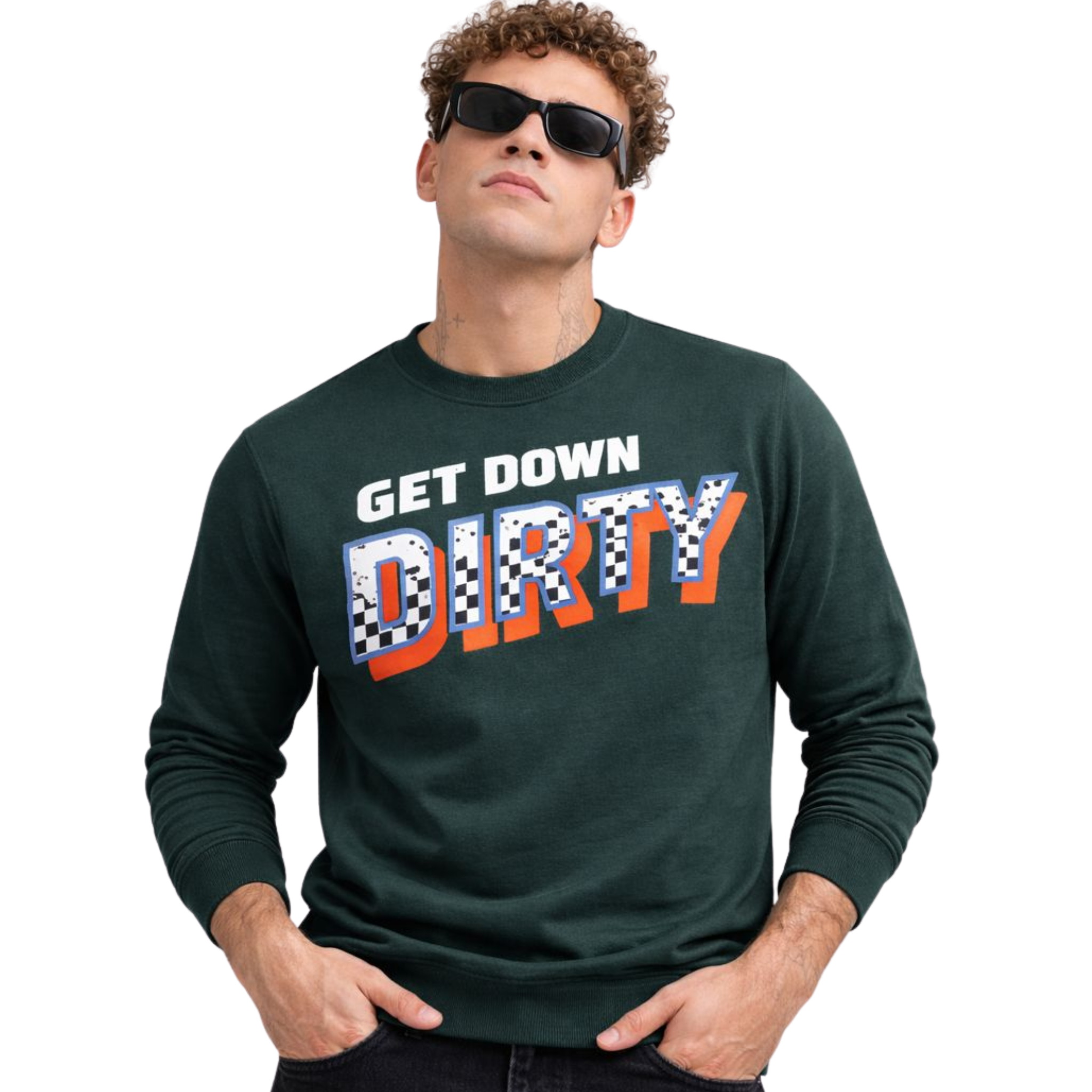 Men’s Recycled Crew Neck Sweatshirt – Get Down Dirty Puff Print | Black, White & Green