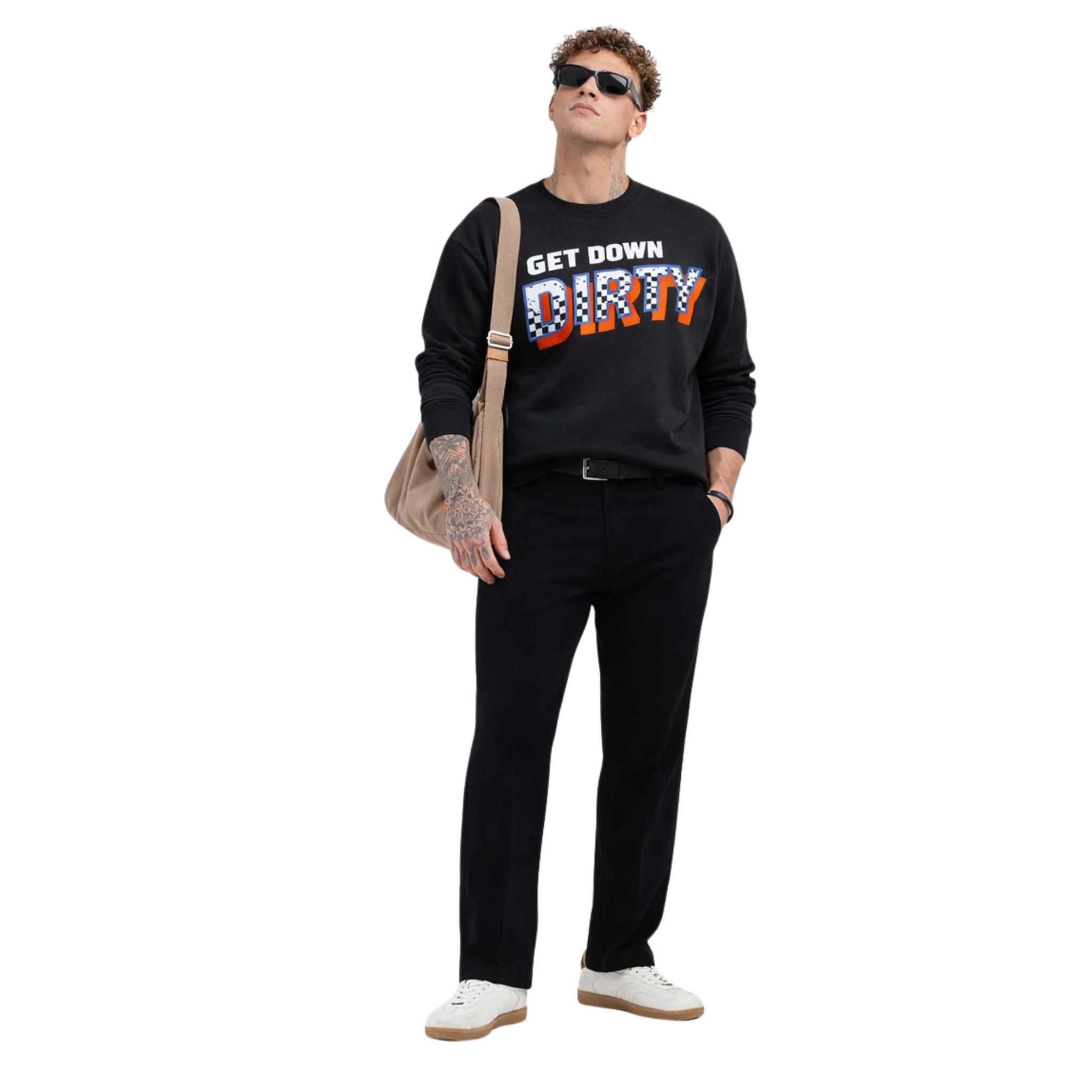 Men’s Recycled Crew Neck Sweatshirt – Get Down Dirty Puff Print | Black, White & Green