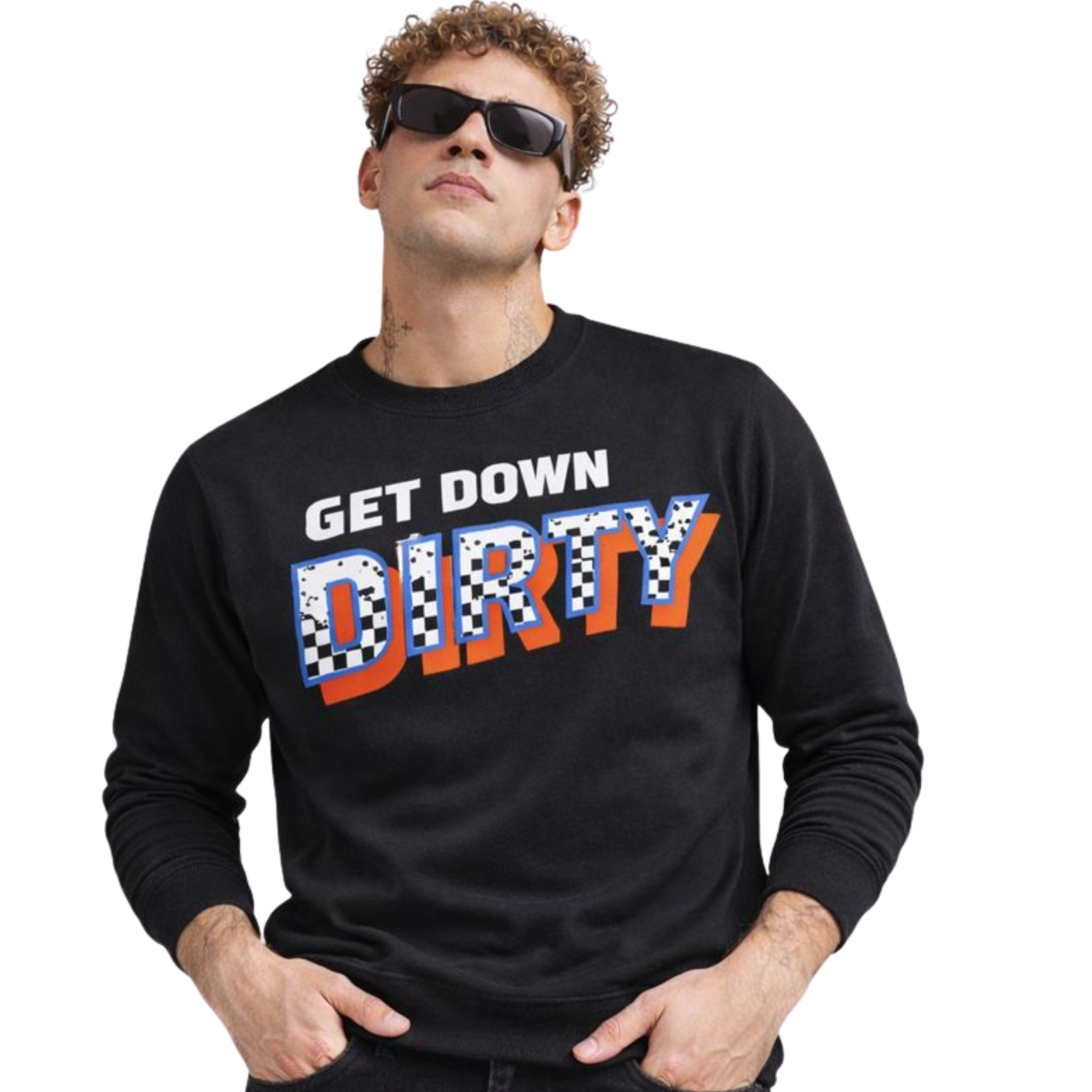 Men’s Recycled Crew Neck Sweatshirt – Get Down Dirty Puff Print | Black, White & Green