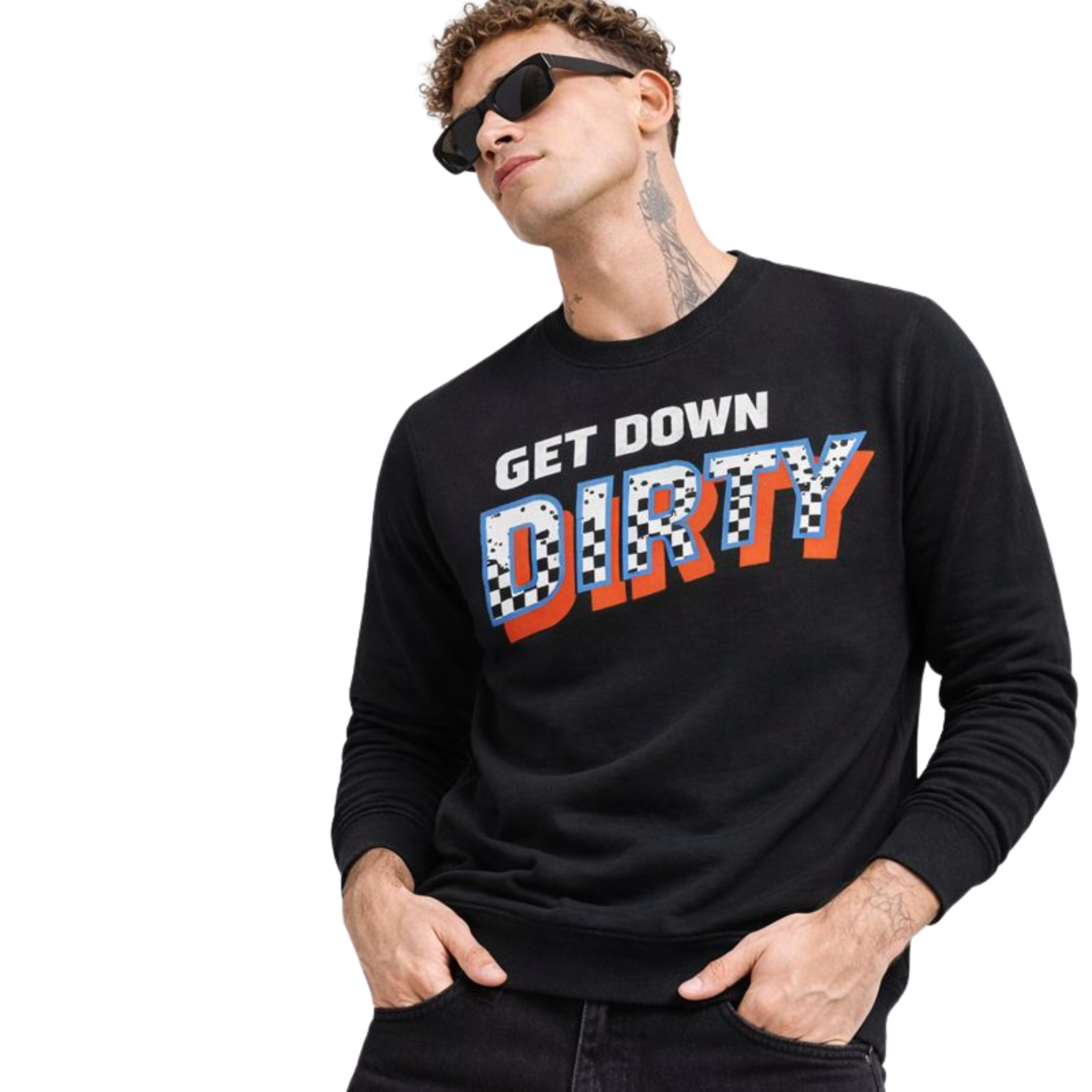 Men’s Recycled Crew Neck Sweatshirt – Get Down Dirty Puff Print | Black, White & Green